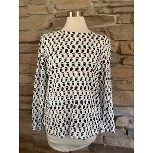 Charter Club Luxury Pima Cotton Owl Print Long Sleeve Top White Teal Womens L